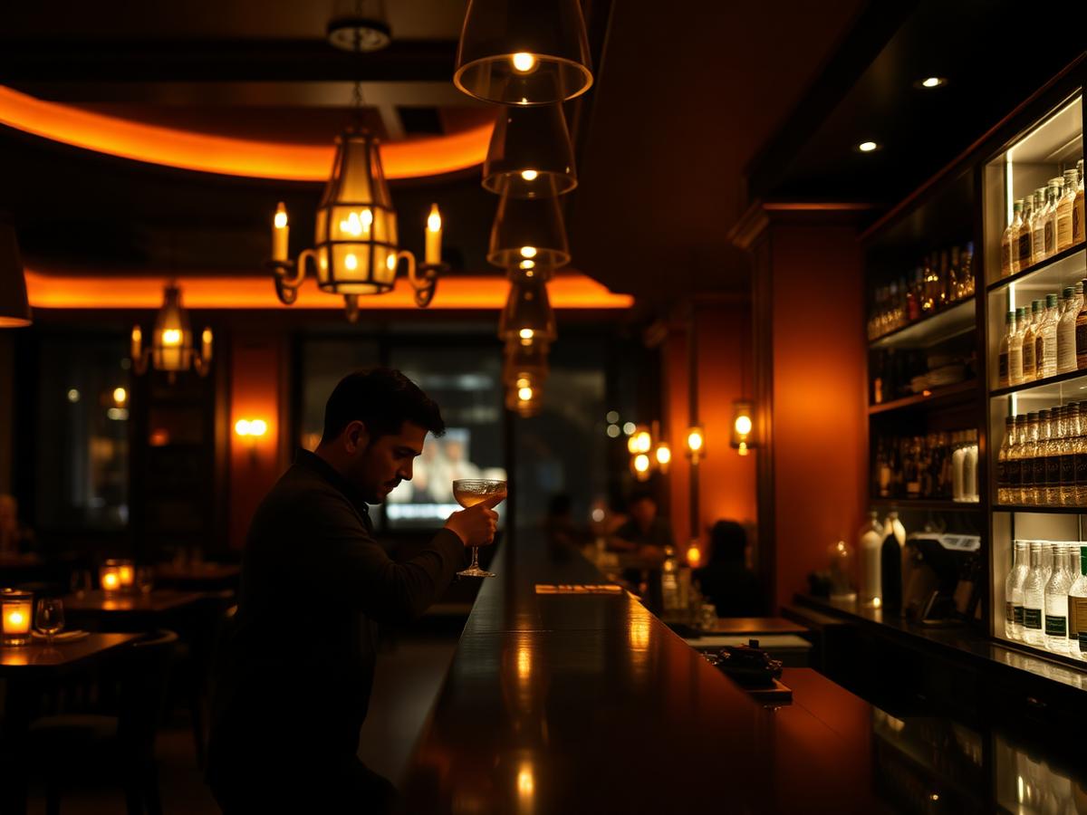 Moody hospitality interior captured at night